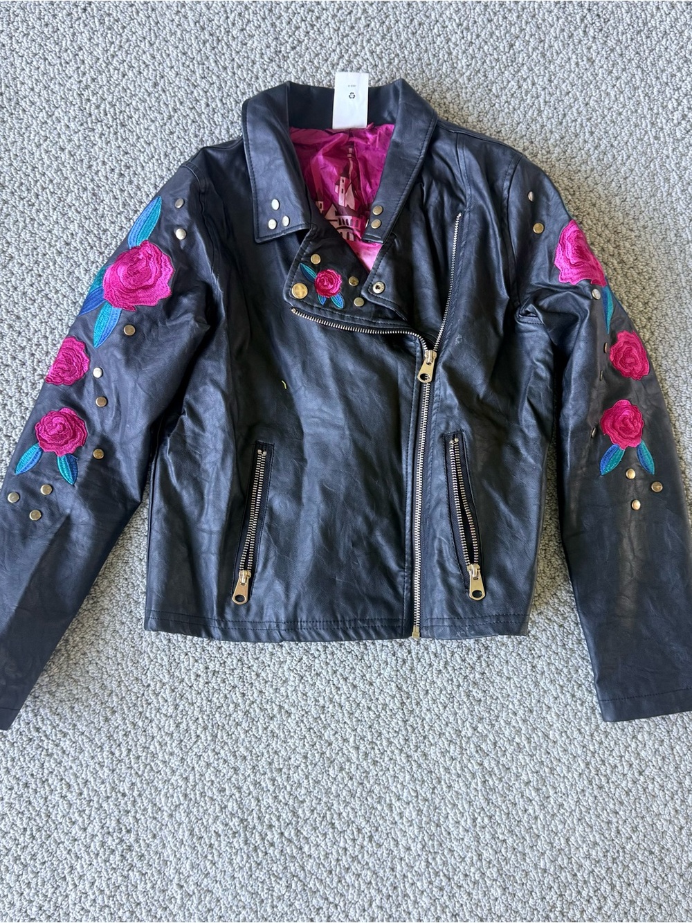 Disney Girls Black Leather Jacket with Pink Rose Embroidery Beauty and Beast
